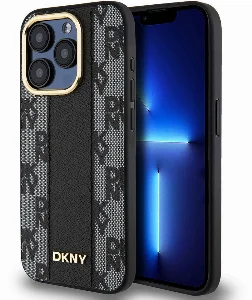 Apple iPhone 15 Pro (6.1) Kılıf DKNY Orjinal Lisanslı Magsafe Şarj Özellikli 3D Yazılı Checkered Pattern Kapak - Siyah