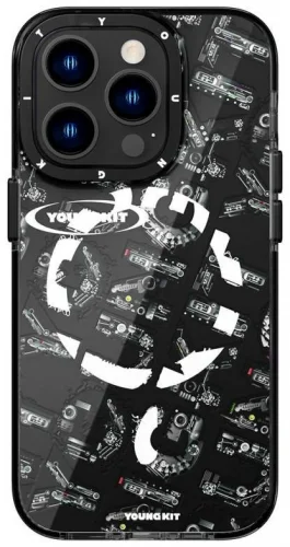 Apple iPhone 14 Pro Kılıf Magsafe Şarj Özellikli Yazı Temalı YoungKit Mechanic Serisi Kapak - Siyah
