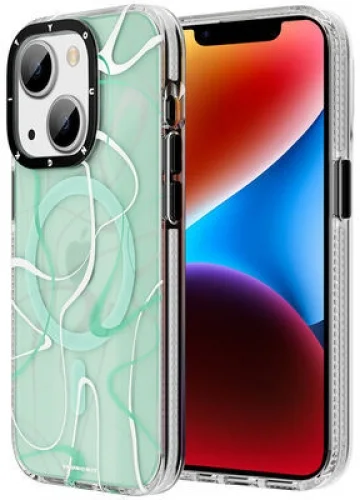 Apple iPhone 14 Kılıf Magsafe Şarj Özellikli Youngkit Water-Ink Serisi Kapak - Yeşil