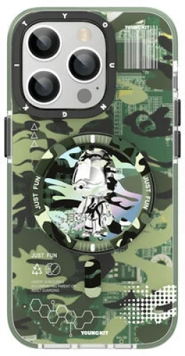 Apple iPhone 14 Pro Max Kılıf Magsafe Şarj Özellikli YoungKit Kamuflaj Serisi Kapak - Yeşil