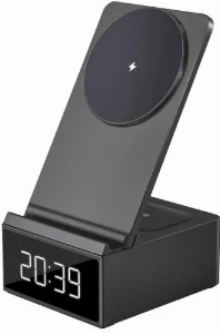 Wiwu Wi-W011 Platinum 3in1 Dijital Saatli ve Alarmlı Hızlı Şarj Özellikli Magnetik Kablosuz Şarj Standı - Siyah