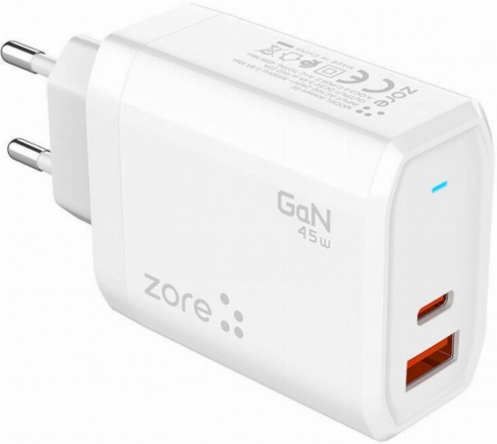 Zore Always-02 GaN Tech Type-C PD4.0 USB-A QC3.0 Hızlı Şarj Özellikli Seyahat Şarj Başlığı 45W - Beyaz