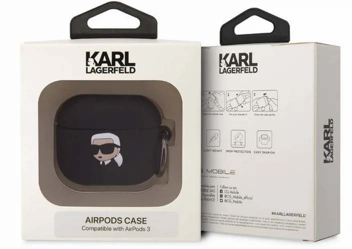 Apple Airpods 3. Nesil Kılıf Karl Lagerfeld Orjinal Lisanslı Karl 3D Silikon Kapak - Siyah