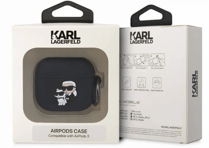 Apple Airpods 3. Nesil Kılıf Karl Lagerfeld Orjinal Lisanslı Karl & Choupette 3D Silikon Kapak - Siyah