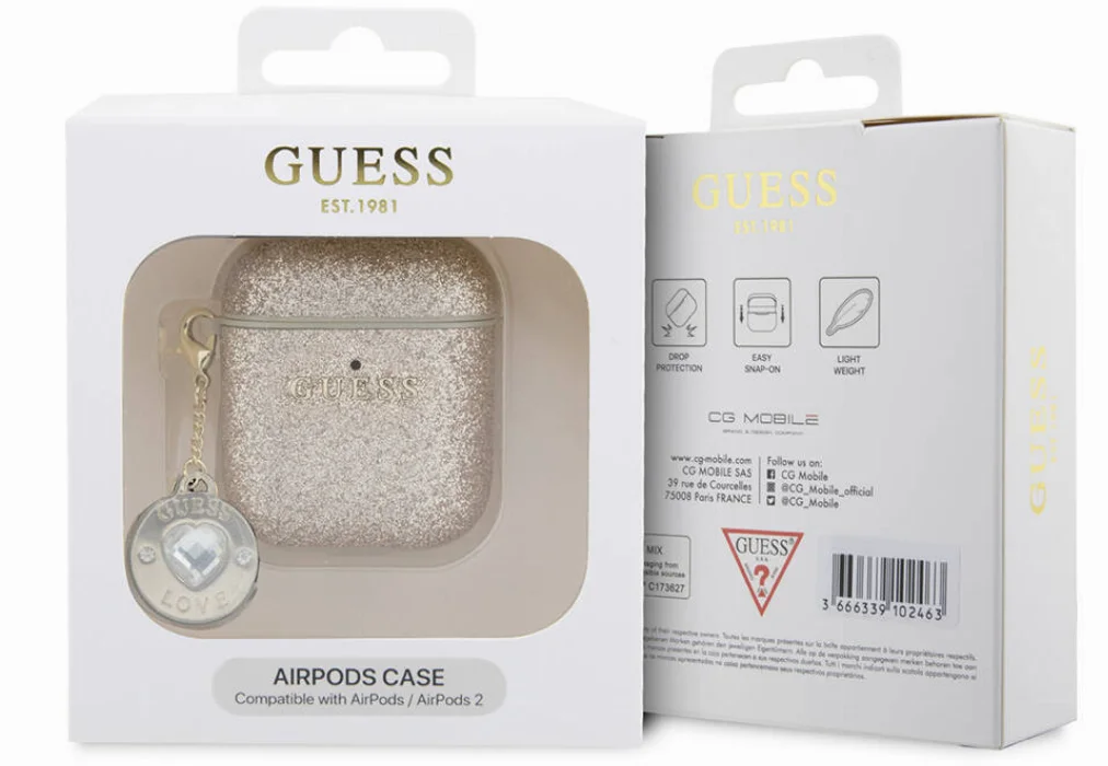 Apple Airpods Kılıf Guess Orjinal Lisanslı Glitter Elmas Kalp Süs Zincirli Kapak - Gold