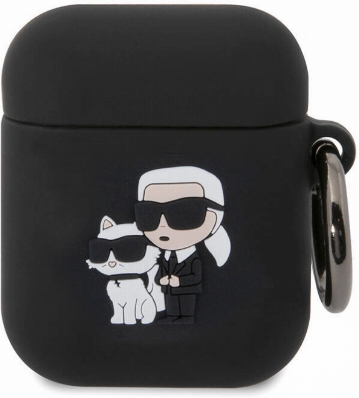 Apple Airpods Kılıf Karl Lagerfeld Orjinal Lisanslı Karl & Choupette 3D Silikon Kapak - Siyah