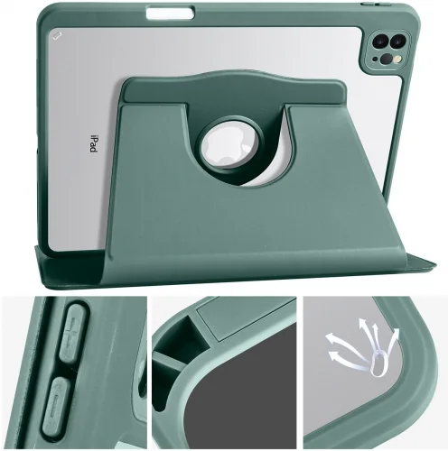 Apple iPad Air 11 2024 Tablet Kılıfı Termik Kalem Bölmeli Dönebilen Standlı Kapak - Koyu Yeşil