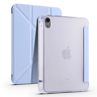 Apple iPad Mini 2021 (6.Nesil) Tablet Kılıfı Standlı Tri Folding Kalemlikli Silikon Smart Cover - Mavi