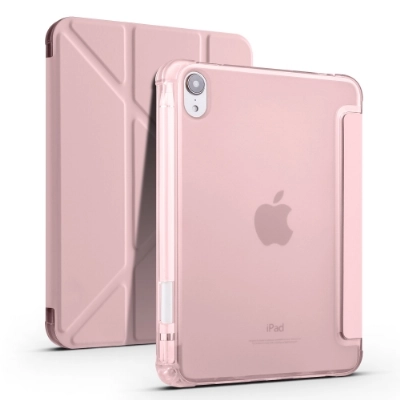 Apple iPad Mini 2021 (6.Nesil) Tablet Kılıfı Standlı Tri Folding Kalemlikli Silikon Smart Cover - Pembe