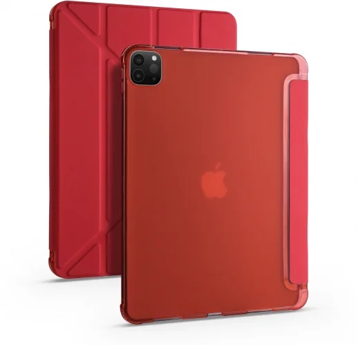 Apple iPad Pro 12.9 2021 (5. Nesil) Tablet Kılıfı Standlı Tri Folding Kalemlikli Silikon Smart Cover - Kırmızı