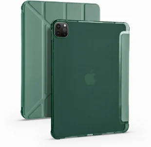 Apple iPad Pro 12.9 inç 2020 Tablet Kılıfı Standlı Tri Folding Kalemlikli Silikon Smart Cover - Koyu Yeşil