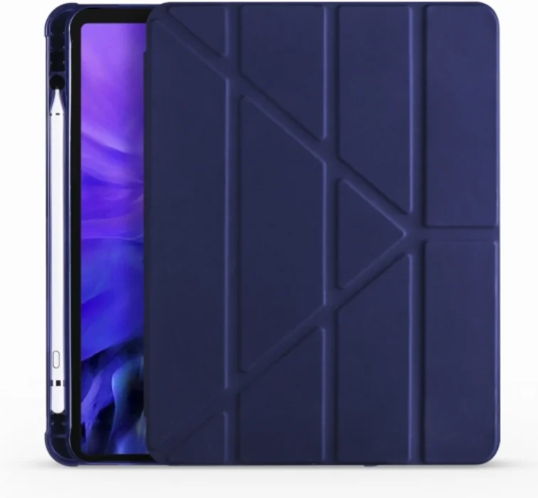 Apple iPad Pro 12.9 2021 (5. Nesil) Tablet Kılıfı Standlı Tri Folding Kalemlikli Silikon Smart Cover - Lacivert