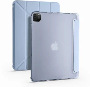 Apple iPad Pro 12.9 2021 (5. Nesil) Tablet Kılıfı Standlı Tri Folding Kalemlikli Silikon Smart Cover - Mavi