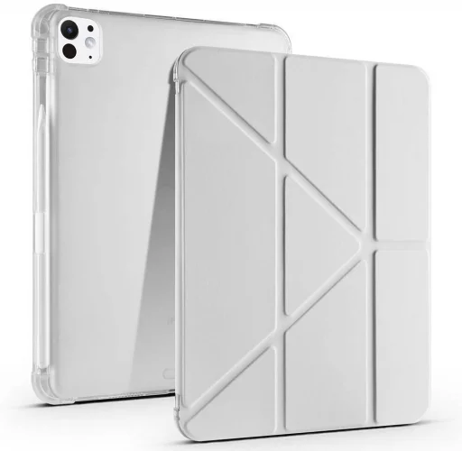 Apple iPad Pro 11 2024 Tablet Kılıfı Standlı Tri Folding Kalemlikli Silikon Smart Cover - Gri