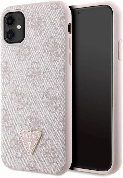 Apple iPhone 11 Kılıf Guess Orjinal Lisanslı PU Deri Taşlı Üçgen Logo 4G Desenli Kapak - Siyah
