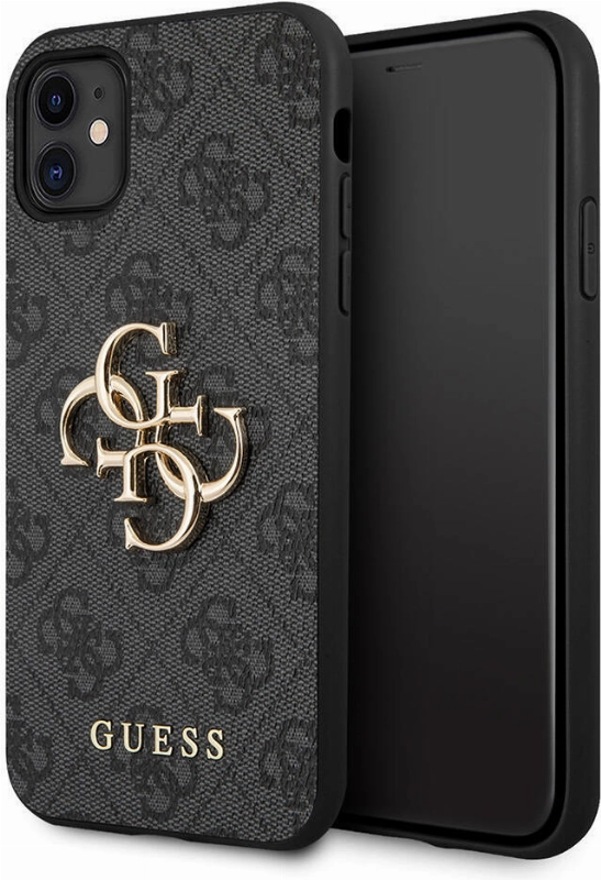 Apple iPhone 11 Kılıf GUESS PU Deri Büyük Metal Logo Dizaynlı Kapak - Gri