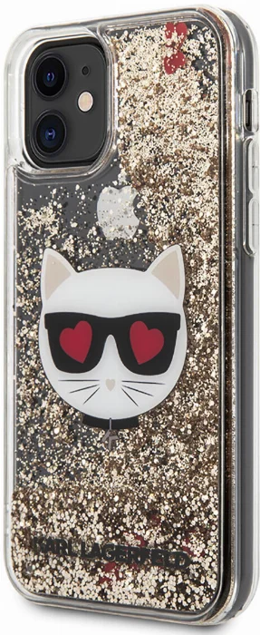 Apple iPhone 11 Kılıf Karl Lagerfeld Sıvılı Simli Choupette Dizayn Kapak - Gold