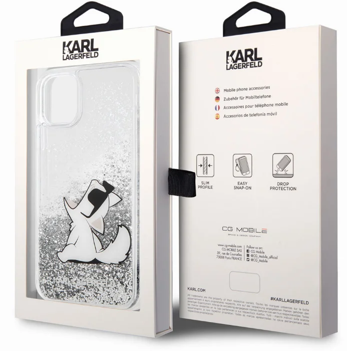 Apple iPhone 11 Kılıf Karl Lagerfeld Sıvılı Simli Choupette Fun Dizayn Kapak - Gümüş