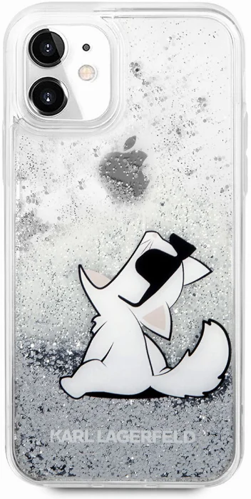 Apple iPhone 11 Kılıf Karl Lagerfeld Sıvılı Simli Choupette Fun Dizayn Kapak - Gümüş