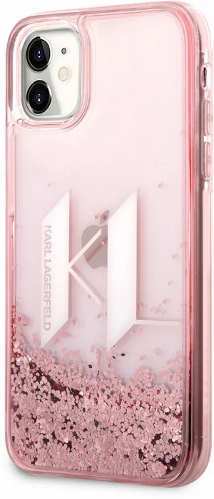 Apple iPhone 11 Kılıf Karl Lagerfeld Sıvılı Simli Dizayn Kapak - Pembe
