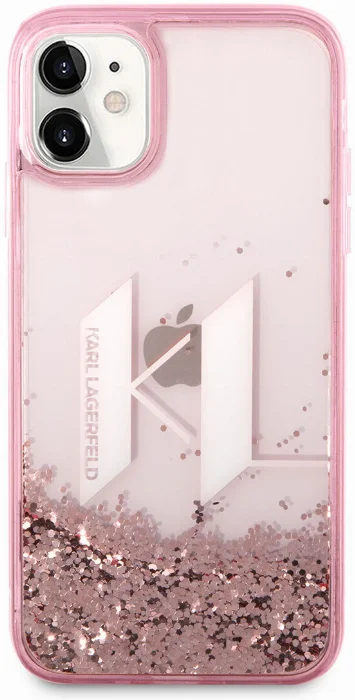 Apple iPhone 11 Kılıf Karl Lagerfeld Sıvılı Simli Dizayn Kapak - Pembe