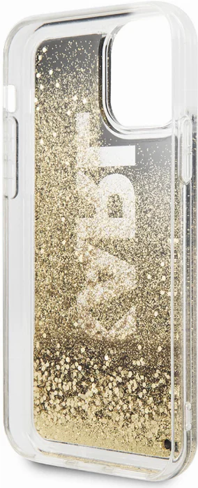 Apple iPhone 11 Kılıf Karl Lagerfeld Sıvılı Simli Logo Dizayn Kapak - Siyah-Gold