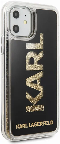 Apple iPhone 11 Kılıf Karl Lagerfeld Sıvılı Simli Logo Dizayn Kapak - Siyah-Gold