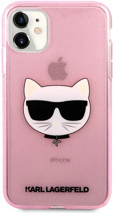 Apple iPhone 11 Kılıf Karl Lagerfeld Transparan Choupette Head Dizayn Kapak - Pembe