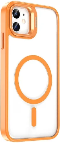 Apple iPhone 11 Kılıf Magsafe Wireless Şarj Özellikli Standlı Magsafe Klon Lensli Kapak - Turuncu