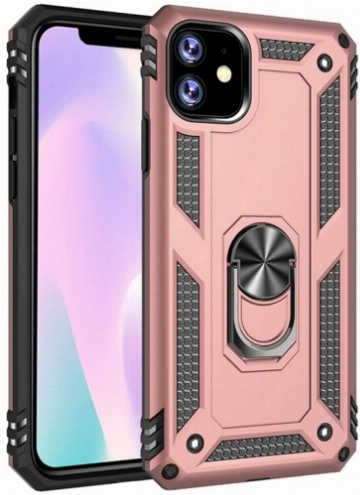 Apple iPhone 11 Kılıf Silikon Zırhlı Standlı Yüzüklü Mıknatıslı Tank Kapak - Rose Gold