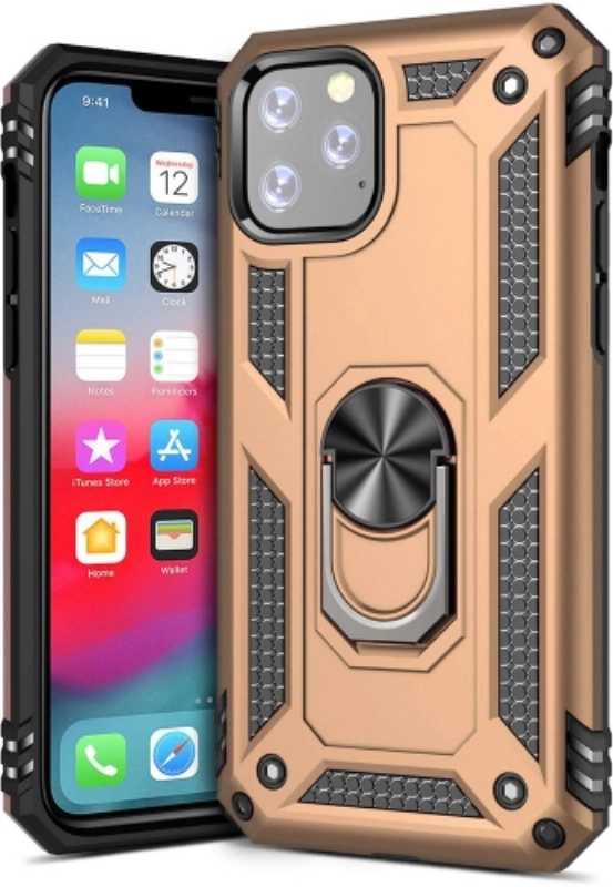 Apple iPhone 11 Pro Kılıf Silikon Zırhlı Standlı Yüzüklü Mıknatıslı Tank Kapak - Gold