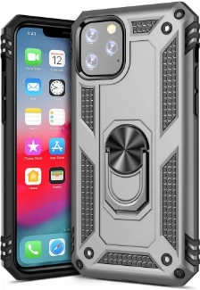 Apple iPhone 11 Pro Kılıf Silikon Zırhlı Standlı Yüzüklü Mıknatıslı Tank Kapak - Gümüş