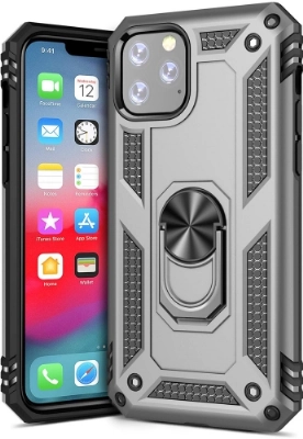 Apple iPhone 11 Pro Kılıf Silikon Zırhlı Standlı Yüzüklü Mıknatıslı Tank Kapak - Gümüş