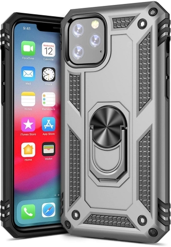 Apple iPhone 11 Pro Kılıf Silikon Zırhlı Standlı Yüzüklü Mıknatıslı Tank Kapak - Gümüş