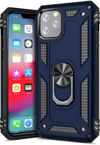 Apple iPhone 11 Pro Kılıf Silikon Zırhlı Standlı Yüzüklü Mıknatıslı Tank Kapak - Lacivert