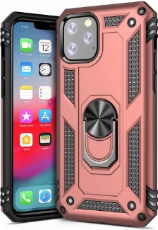 Apple iPhone 11 Pro Kılıf Silikon Zırhlı Standlı Yüzüklü Mıknatıslı Tank Kapak - Rose Gold