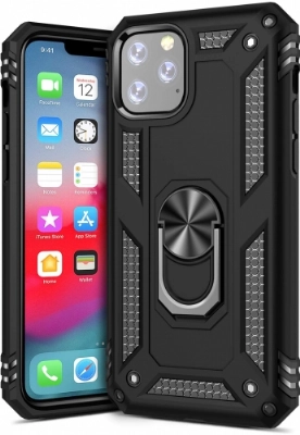 Apple iPhone 11 Pro Kılıf Silikon Zırhlı Standlı Yüzüklü Mıknatıslı Tank Kapak - Siyah