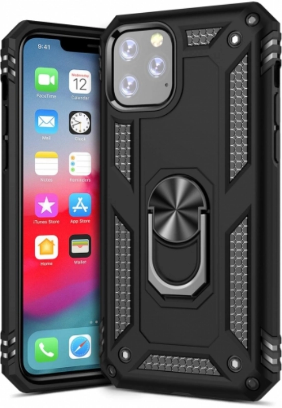 Apple iPhone 11 Pro Kılıf Silikon Zırhlı Standlı Yüzüklü Mıknatıslı Tank Kapak - Siyah