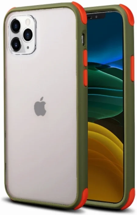 Apple iPhone 11 Pro Max Kılıf Renkli Köşeli Arkası Şeffaf Mat Tiron Kapak - Yeşil