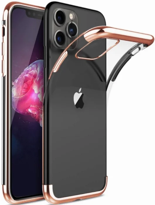 Apple iPhone 11 Pro Max Kılıf Renkli Köşeli Lazer Şeffaf Esnek Silikon - Rose Gold