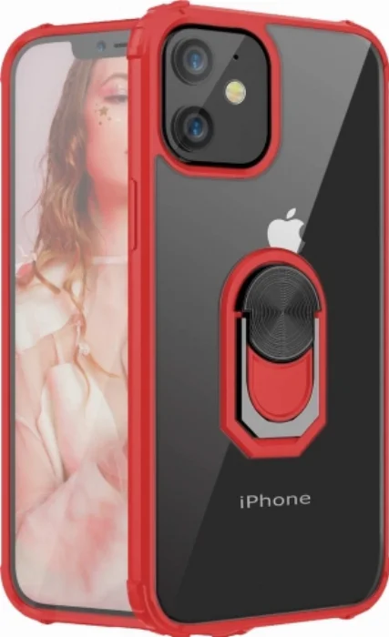 Apple iPhone 12 (5.4) Kılıf Standlı Arkası Şeffaf Kenarları Airbag Kapak - Kırmızı