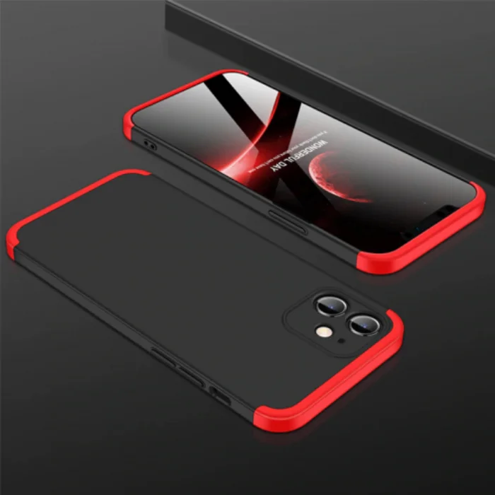 Apple iPhone 12 (6.1) Kılıf 3 Parçalı 360 Tam Korumalı Rubber AYS Kapak - Kırmızı Siyah