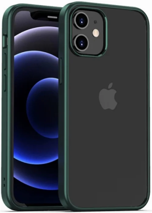 Apple iPhone 12 (6.1) Kılıf Arkası Cam Kenarları Silikon Hom Kapak - Yeşil