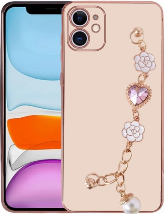 Apple iPhone 12 (6.1) Kılıf El Tutamaçlı Kamera Korumalı Taka Silikon Kapak - Rose Gold