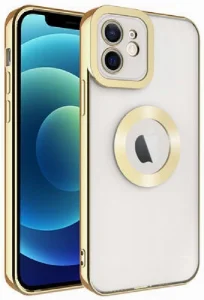 Apple iPhone 12 (6.1) Kılıf Kamera Korumalı Silikon Logo Açık Omega Kapak - Gold