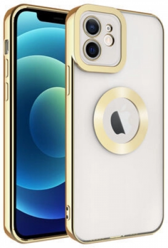 Apple iPhone 12 (6.1) Kılıf Kamera Lens Korumalı Şeffaf Renkli Logo Gösteren Parlak Kapak - Gold