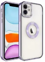 Apple iPhone 12 (6.1) Kılıf Kamera Lens Korumalı Şeffaf Renkli Logo Gösteren Parlak Kapak - Lila