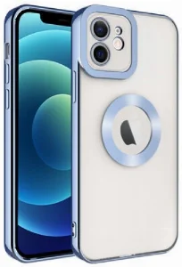 Apple iPhone 12 (6.1) Kılıf Kamera Korumalı Silikon Logo Açık Omega Kapak - Mavi