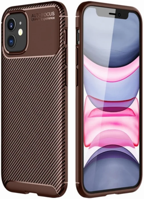 Apple iPhone 12 (6.1) Kılıf Karbon Serisi Mat Fiber Silikon Negro Kapak - Kahve