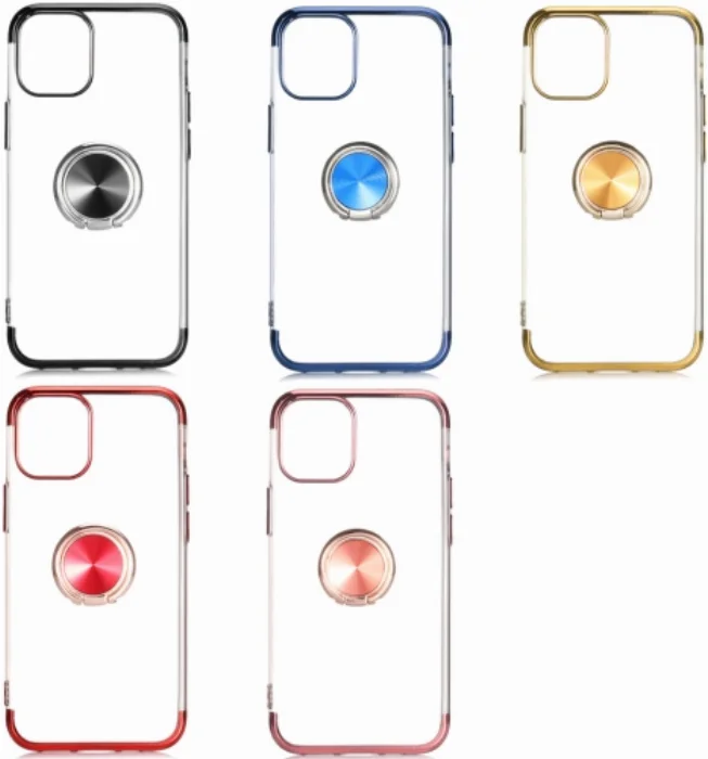 Apple iPhone 12 (6.1) Kılıf Renkli Köşeli Yüzüklü Standlı Lazer Şeffaf Esnek Silikon - Kırmızı